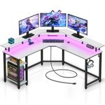 Rolanstar Computer Desk 55.1" with Power Outlets USB Ports & LED Strip, Reversible L Shaped Desk with Monitor Stand & Storage Shelf,L Shaped Gaming Computer Desk with Hooks,White