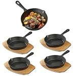 Navaris Cast Iron Skillet With Wooden Base (Set of 4) - Cast Iron Frying Pan Small Skillet With Protective Wood Base - Heavy Duty Metal Skillet Pans - 6" (15cm)