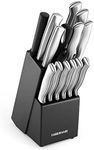 Farberware 15-Piece High-Carbon Stamped Stainless Steel Kitchen Knife Set with Wood Block, Steak Knives, Razor-Sharp, Black, Ultra-Sharp Blades, Ergonomic Comfort Grip