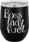 Boss Lady Fuel | 12oz Stainless Steel Stemless Wine Glass Tumbler with Lid | Double Wall Vacuum Insulated | Fancy Gift for Women (Black)