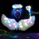 CJBIN LED Angel Wings, 60CM White Angel Costume, Angel Feather Wing with Halo and Magic Wand, for Carnival Halloween Christmas Birthday Themed Party Dress Up, for Kids Adults