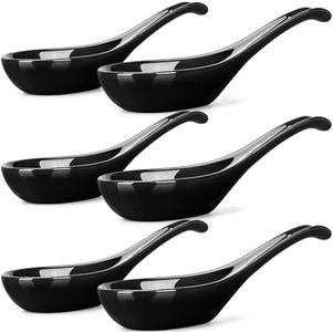 Wareland Asian Soup Spoons Set of 6, Ceramic Chinese Soup Spoons 7 Inch Japanese Spoon for Ramen Pho Dumpling Miso Wonton Noodles | Long Handle Flat Bottom Deep Oval Hook Design | Black