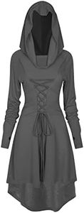 Womens Renaissance Costumes Hooded Robe Lace Up Renaissance Dress Women Halloween Vintage Medieval Cloak, Grey, Large