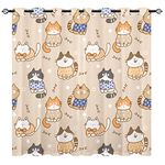 YUANZU Cat Curtains - Kids Cute Cartoon Design on Light Brown Background Print Pattern Eyelet Blackout Thermal Insulated Room Darkening Window Drapes for Nursery Baby Bedroom 2 Panels W117cm x D137cm