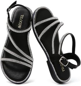 Tilocow Rhinestone Strappy Flat Sandals for Women Dressy Sparkly Summer Open Toe Slingback Ankle Strap Sandals for Wedding Party Daily