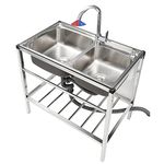 Commercial 304 Stainless Steel Sink 2 Compartment Free Standing Utility Sink w/Cold and Hot Taps, Prep & Utility Washing Hand Basin for Garage, Restaurant, Kitchen, Laundry Room, Outdoor