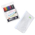 Tombow Fudenosuke Colors Set 10-Pack, WS-BH10C (Japanese Version) with Original Vinyl Pen case. Hard Tip Fudenosuke Brush Pens in Assorted Colors for Calligraphy and Art Drawings