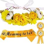 Baby Shower Decoration for Mom To Be and Dad To Be, Yellow Flowers style Tiara + Yellow & Black Sash + Yellow & White "Daddy to be" pin, Maternity Gift for Her and Him