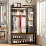 Hall Tree With Bench and Shoe Storage, Coat Rack Freestanding, 5-Tier Shelves, Fabric Storage Basket, Side Hooks, 5 In 1 Large Organizer, Sturdy Metal Frame With 12 Hooks for Entryway, Hallway (Brown)