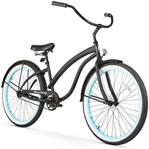 Firmstrong Bella Fashionista Women's Beach Cruiser Bicycle, Single Speed Bicycle, 26 Inch Wheels, Matte Black with Blue Rims