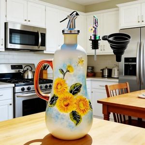 18 oz Hand-Painted Ceramic Relief Olive Oil Bottle Dispenser, with Handle Decorative Olive Oil Dispenser Bottle, Kitchen Ceramic Oil Vinegar Bottle Seasoning Bottle with Stainless Steel Spout & Funnel