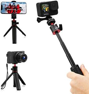 AFAITH Mini Palo Selfie Trípode para GoPro y Teléfono Móvil, Selfie Stick Monopié Portátil Ligero Mesa Trípode para GoPro Hero 12/11/10/9/8/7 Black Cámara Acción dji Osmo Insta 360 Sony