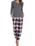 Ekouaer Womens Pyjamas Sets Round Neck Soft Sleepwear Sets Long Sleeve Plaid Pjs Set Winter Loungewear pajama Ladies Grey