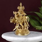 Kartique Brass Krishna Playing Flute with Cow Statue - 5.5-Inch Murti, Artistic Design, Ideal for Home Decor and Worship