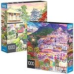 2-Pack of 1000-Piece Jigsaw Puzzles, for Adults, Families, and Kids Ages 8 and up, Amalfi Coast and Japan Garden, Amazon Exclusive