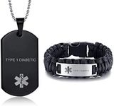 LiFashion LF Stainless Steel Black Type 1 Diabetic Medical Alert Jewelry Sets Emergency ID Tag Caduceus Bracelet Necklace Sets,Type 1 Diabetes Medic Jewelry for Men(Medical Alert Necklace + Bracelet)