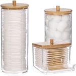 Tecbeauty 3pcs Qtip Holder Bathroom Dispenser Storage Cotton Ball, Cotton Swab, Cotton Round Pads, Floss Picks - Clear Canister with Wood Lid