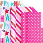 LeZakaa Reversible Birthday Wrapping Paper Roll - Mini Roll -Happy Birthday & Teal/Dot & Pink/Stripe and Hot Pink Design - 17 x 120 inches - 3 Rolls (42.5 sq.ft.ttl.)