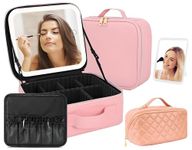 Feelon Cosmetic Bag with Rechargeable 3 Adjustable Color Brightness LED Mirror and Makeup Bag Included, Travel Makeup Vanity Bag and Adjustable Dividers (Pink)