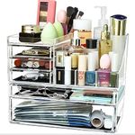 Clear Makeup Organizer With Drawers,Stackable Cosmetic Storage Display Case for Vanity,Bathroom Counter or Dresser,Countertop Holder for Lipstick,Brushes,Lotions,Eyeshadow,Nail Polish and Jewelry