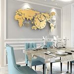 World Map Wall Clock, Modern Nordic Wall 3D Art Decoration, Acrylic Silent No Tick Clock for Home Bedroom Office, Silent Decoration Wall Clock,Gold