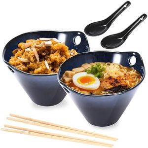 KITCHTIC Japanese Ramen Udon, Soup Bowl Set - Ceramic Ramen Bowls Set of 2 with Unique Design - Microwave, Oven & Dishwasher Safe - Non Toxic & BPA Free - Navy Blue