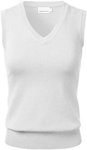 FLORIA Women Solid Classic V-Neck Sleeveless Pullover Sweater Vest Top White M