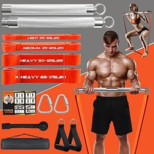 Portable Extra Heavy Home Gym Resistance Band Bar Set with 4 Stackable Resistance Bands,Detachable Full Body Workout Equipment Exercise Bar Kit,500LBS Longer Bar with Bands,Workout Guide Included