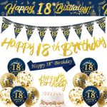 18th Birthday Decorations Men,Blue Gold Happy 18th Birthday Banner,18th Birthday Balloons,Bunting Flags,Sash,Cake Toppers for Men Women Blue 18th Birthday Party Supplies