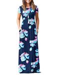 WNEEDU Women's Maxi Dress Summer Short Sleeve Casual Long Dresses with Pockets（Floral Navy Pink,L）