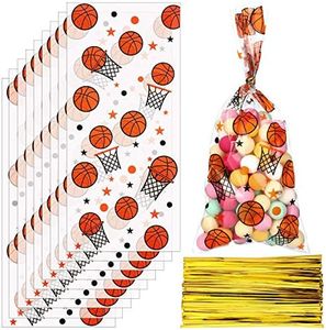 Zonon 100 Pieces Basketball Candy Bags Basketball Party Bags Basketball Goodie Bags Sports Treat Bags with 150 Pieces Gold Twist Ties for Basketball Party Favors