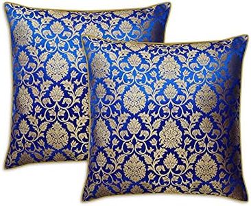 Craftbot Damask Throw Pillow Covers - Pack of 2 Faux Silk Brocade Decorative Pillows - Royal Blue Gold 20x20 Inch- Indian Jacquard Cover-Cover Only