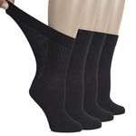 HUGH UGOLI Women's Cotton Diabetic Crew Socks, Wide, Thin, Loose Fit and Stretchy, Seamless Toe & Non-Binding Top, 4 Pairs, Black, Shoe Size: 6-9