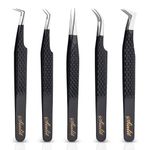 SIALIT Hand Crafted Fiber Tip Lash Tweezers Set - 5 Pcs Stainless Steel Lash Extension Tweezers for Classic and Volume Lashes (Black)