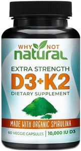 Vitamin D3 K2 (MK-7) with Organic Spirulina, 10000 IU Extra Strength Supplement in Veggie Capsules, Supports Bone Health, Immune System and Mood