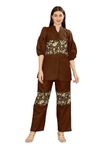 Lilots Women's Slub Cotton Thread Embroidered Worked Co-Ord Set | 2 Piece Top Bottom Set Brown