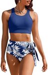 AI'MAGE Womens High Waisted Bikini Set Tummy Control 2 Piece Bathing Suit Modest Racerback Swimsuit 2024 with Tie Side Knot Navy Blue XL