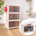 PROKTIK Polypropylene 95 Qt 3 Tier Folding Storage Bins With Doors Magnetic Door Foldable Storage Cabinet - Folding Storage Stackable And Collapsible Storage Containers Toys, Pantry, White