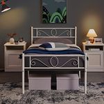 Yaheetech 3ft Single Bed Frame, Metal Platform Bed with Scroll Design Headboard and Footboard, Underbed Storage Space, White