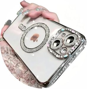 Doulings Magnetic Glitter Diamond for iPhone 15 Pro Max Case[Compatible with MagSafe]Sparkle Rhinestone Camera Lens Protector Plated,Crtstal Clear Slim Military Drop Shockproof Cover for Women,Silver