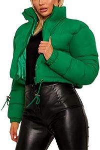 FindThy Women’s Winter Cropped Puffer Jacket Classic Long Sleeve Stand Collar Padded Down Coats(1062-Green-M-aLB)