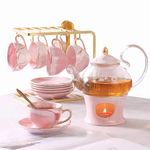 DUJUST Small Tea Set for Women, Marble Texture & Golden Trim, Handcraft Pink Porcelain Tea Party Set for Girls, 1 Glass Teapot(650ml), 6 Cups(120ml), 6 Saucers, 1 Shelf&1 Warmer, Elegant Tea Gift Set