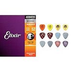 Elixir Strings Acoustic Guitar Strings, 6-String, Custom Light NANOWEB Coating & Jim Dunlop GA030PVP101 12 Pick Variety Pack, Light/Medium