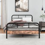 HOMERECOMMEND Modern Metal Bed Frame with Slatted Frame with Wooden Headboard and Footboard Heavy Duty Metal Platform Bed Frame Solid and Stable 120 x 200 cm Black / Rustic Brown