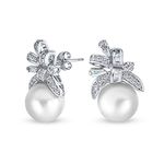 Victorian Style Cocktail Wedding Bridal Ribbon Cubic Zirconia White Simulated Pearl CZ Bow Stud Earrings For Women .925 Sterling Silver