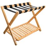 Purbambo Luggage Rack for Guest Room, Suitcase Stand with Storage Shelf, Bamboo Frame, 6 Nylon Straps, Foldable for Easy Storage