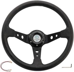 DODOMES Universal Deep Dish Steering Wheel 13.8”/350mm 6 Bolts, Racing/Golf Cart Drifting Steering Wheel, Grip Vinyl Leather & Aluminum with Horn Button (Black)