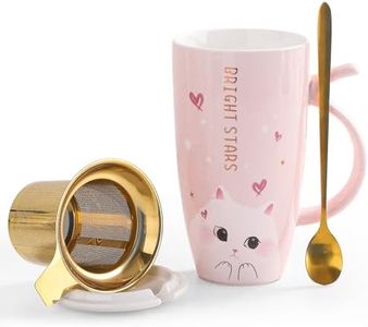 DELARLOCHEF Tea Mug With Infuser And Lid - 20oz Microwave & Dishwasher Safe Ceramic Mug, Cat Lover Gift with Leak-Proof Lid, 304 Stainless Steel Strainer & Spoon, Gifts for Women, Pink - Bright Star
