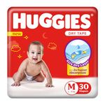 Huggies Dry Tape | Adjustable Tape Style Unisex Diapers M Size, 30 Count | Up To 2X Faster Absorption, Up To 12 Hours Overnight Absorption, Ideal For 5 To 11 Kgs