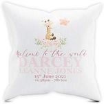 Purple Print House Home & Kitchen Welcome To The World Girls Giraffe Cushion - Personalised New Baby Gift Ideas for Girl - Newborn Baby Girl, Cover & Pad